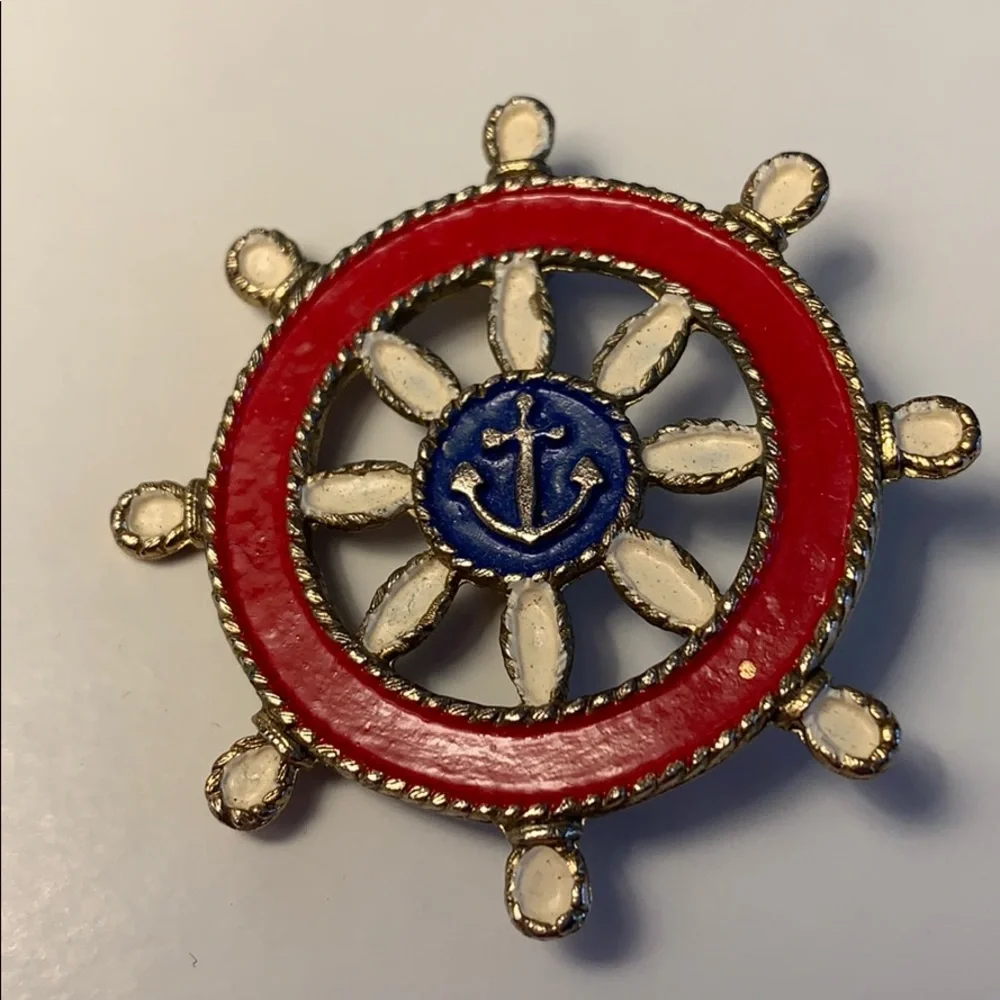 VTG JJ Ship Wheel Nautical Enamel Brooch Gold Tone Jonette Jewelry Co Patriotic